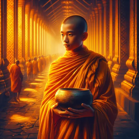 arafed monk holding a bowl in a corridor with other monks, buddhist monk, portrait of monk, monk meditate, buddhist monk meditat...