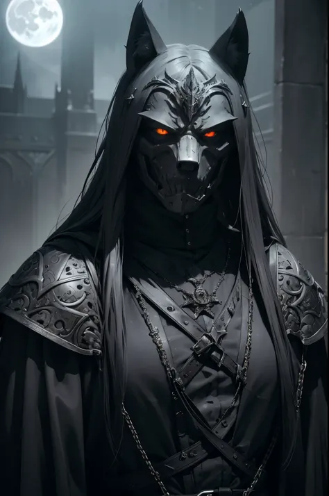 (a man wearing a steel wolf mask, dark and gothic character style),metallic,heavy armor,sturdy,tough-looking,imposing figure,lit by dim candlelight,ominous atmosphere,intense,expressive eyes,sharp fangs,cruel and twisted smile,pale complexion,gritty textur...