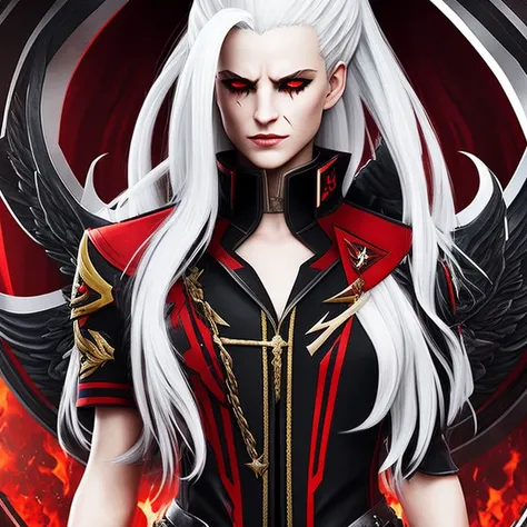 helltaker, azazel, vanripart_05, white hair, bangs, red eyes, long hair, ponytail, shaved hair on sides, has red sunglasses, fan...