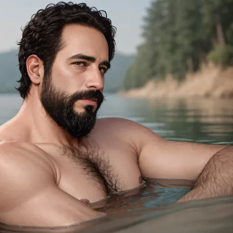 ultrahigh resolution, La mejor calidad, Foto, 4k, (fotorrealista: 1.4), cinematic lighting, a beautiful 38 year old man bathing in a lake, barba, brown eyes