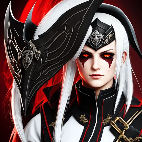 helltaker, azazel, vanripart_05, white hair, bangs, red eyes, long hair, ponytail, shaved hair on sides, has red sunglasses, fan...