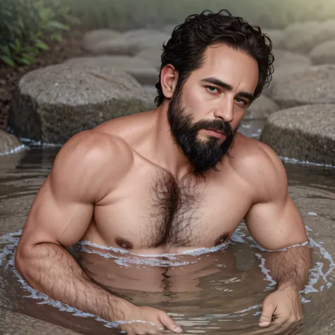 ultrahigh resolution, La mejor calidad, Foto, 4k, (fotorrealista: 1.4), cinematic lighting, a handsome 38 year old man bathing in a white sunga, barba, brown eyes