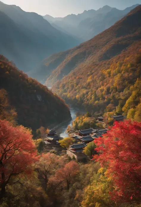 A serene mountain range covered in vibrant autumn foliage is captured in a high-angle shot. The focal point of the image is a traditional ancient Chinese architectural structure nestled among the mountains. The scene is beautifully illuminated by soft, war...