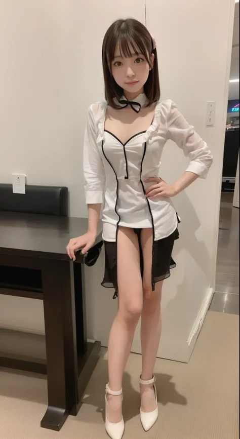 of the highest quality, Idol with slender body, front facing, Well-proportioned body, Exhibited, Event Hall, Moe Pose, Black Maid Dress, Standing with legs open, Hands on hips, Model body type