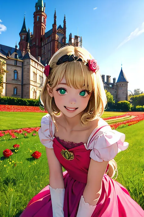 girl princess、blonde roll hair、In front of a castle in Europe、depth of fields、small crown、medieval pink dress、Brown gloves、grass field、Laugh merrily、Facing the front、There are large rose hair clips on the left and right sides of the head.。.、Green eyes、The ...