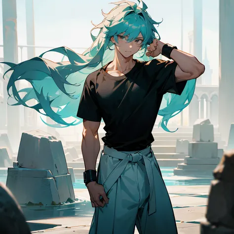 1male , black shortsleeve T-shirt , White Baggy Karate Pants , Black martial arts belt , wristbands , Long Length Hair , Light Teal Hair , Messy Spiky Wavy Hair , Backnot in hair , Somewhat Muscular Build , Perfect Generation , Standing in Stone Coliseum ,...