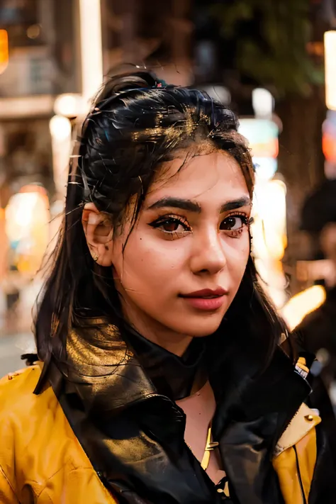 portrait photo of a young persian woman, natural skin, golden hour lighting, leather jacket, choker necklace, ponytail, Amsterdam, on a Fujifilm X-T4 with a 50mm lens, in the style of Brandon Woelfel