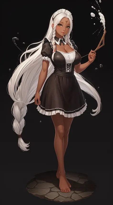 full body, barefoot, 1girl, ((milf)), ((dark skin)), white hair, slingshot bikini, (masterpiece, best quality), intricate details, 8k, artstation, wallpaper, official art, splash art, sharp focus, 1girl, Nakiri Ayame, long hair, braids, white hair, sovietF...