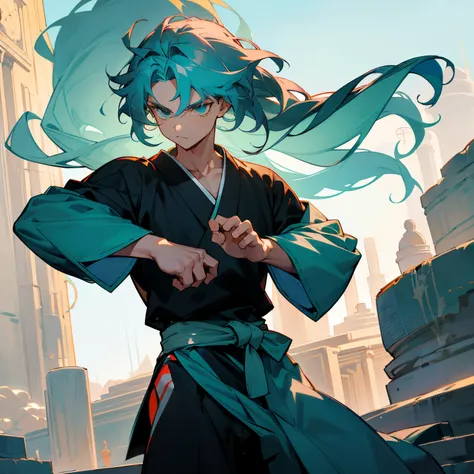 1male , black shortsleeve T-shirt , Martial Arts Clothing , Tigh Fit , White Haori, Long Length Hair , Light Teal Hair , Messy Spiky Wavy Hair , Backnot in hair , Somewhat Muscular Build , Perfect Generation , Standing in Stone Coliseum , looking at camera