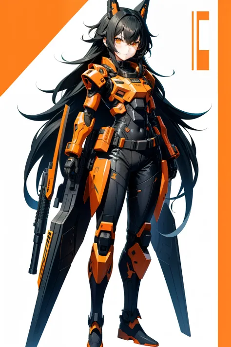 cute girl, Her hair is black, her eyes are black, and she wears orange combat gear, full body