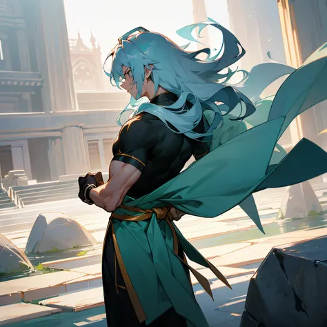 1male , black shortsleeve T-shirt , Martial Arts Clothing , Tigh Fit , White Haori, Long Length Hair , Light Teal Hair , Messy Spiky Wavy Hair , Backnot in hair , Somewhat Muscular Build , Perfect Generation , Standing in Stone Coliseum , looking at camera