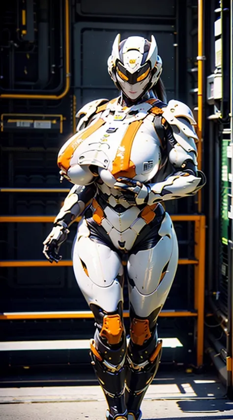 ((Unreal Engine 5)), Realistic Rendering, Excellent, (full  mecha armor), helm, (Yoga Pants), looking on viewer, walking down on street, beautiful face, makeup, (photorealism:1.2), ultrarealistic uhd face, (huge fake boobs:1.4), (gigantic breasts:1.1), (mu...