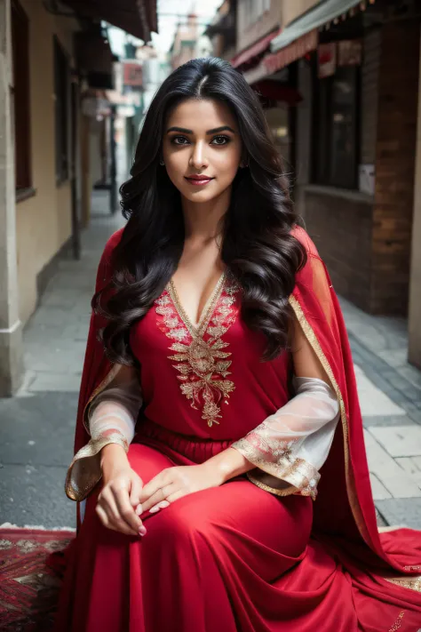 Portrait of A confident-looking Indian woman with flowing long and thick hair, hazel eyes, wet seethrough clothes, red cape, a smile on the face, sitting on pathway in a village, perfect composition, hyperrealistic, super detailed, 8k, high quality, trendi...