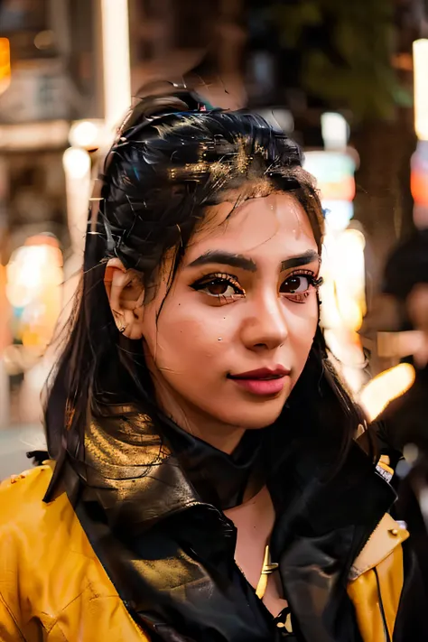 portrait photo of a young persian woman, natural skin, golden hour lighting, leather jacket, choker necklace, ponytail, Amsterdam, on a Fujifilm X-T4 with a 50mm lens, in the style of Brandon Woelfel