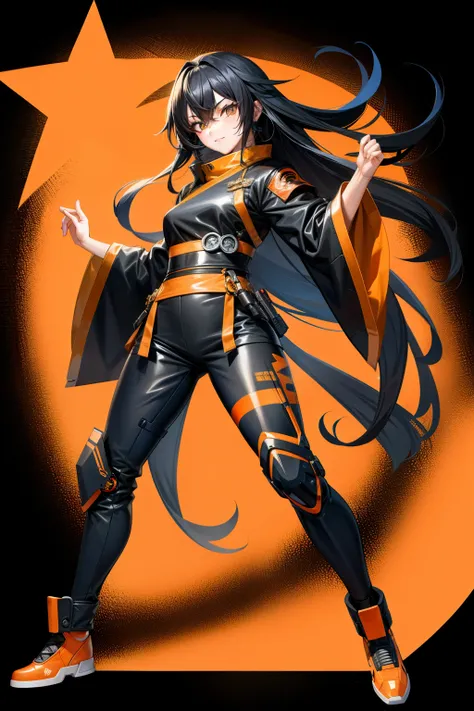 cute girl, Her hair is black, her eyes are black, and she wears orange combat gear, full body, sexy body, sexy, Kungfu clothes, old clothes