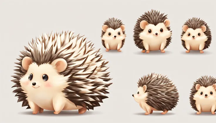 hedgehog, cute-style, full bodyesbian, largeeyes, font view, Left view, posterior view