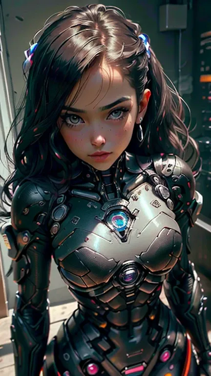 Mulher bonita cabelo curto corpo definido seios grandes, vestindo cosplay de Supergirl, Bela foto de corpo inteiro, Black latex bodyshuit, cabelo preto liso, scientific fiction, cidade cyberpunk ao fundo, gantz, No estilo de Cyberpunk 2077, rosto de foto u...