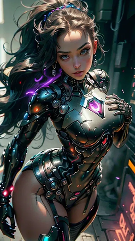 Mulher bonita cabelo curto corpo definido seios grandes, vestindo cosplay de Supergirl, Bela foto de corpo inteiro, Black latex bodyshuit, cabelo preto liso, scientific fiction, cidade cyberpunk ao fundo, gantz, No estilo de Cyberpunk 2077, rosto de foto u...