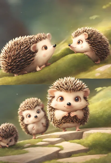 hedgehog, cute-style, full bodyesbian, largeeyes, font view, Left view, posterior view