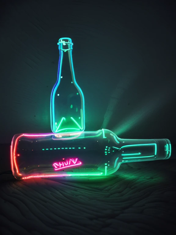 ship placed in bottle having neon light effect