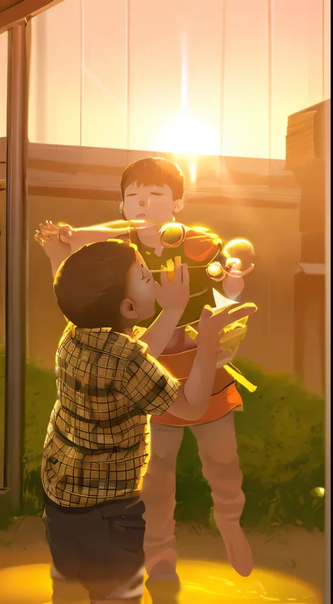 Children popping bubbles, golden hour ambience, sunlight highlights clipping