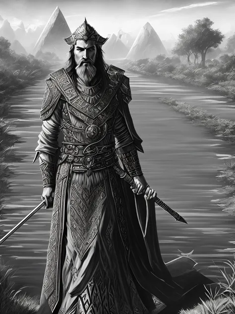 Sumerian king surveying canal in black and white DnD style