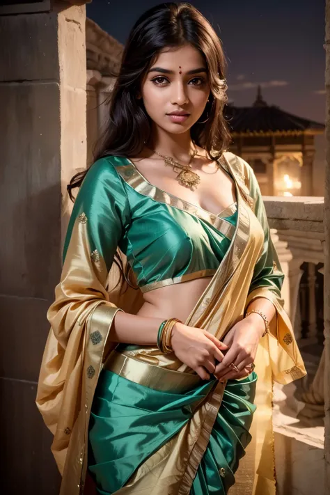 Young Indian woman, sexy blouse and saree, ancient palace, night, detailed body, detailed face, ultra realistic, charming, cute, long curly hair, perfect fingers, ambient lighting, winter, detailed background, 8k