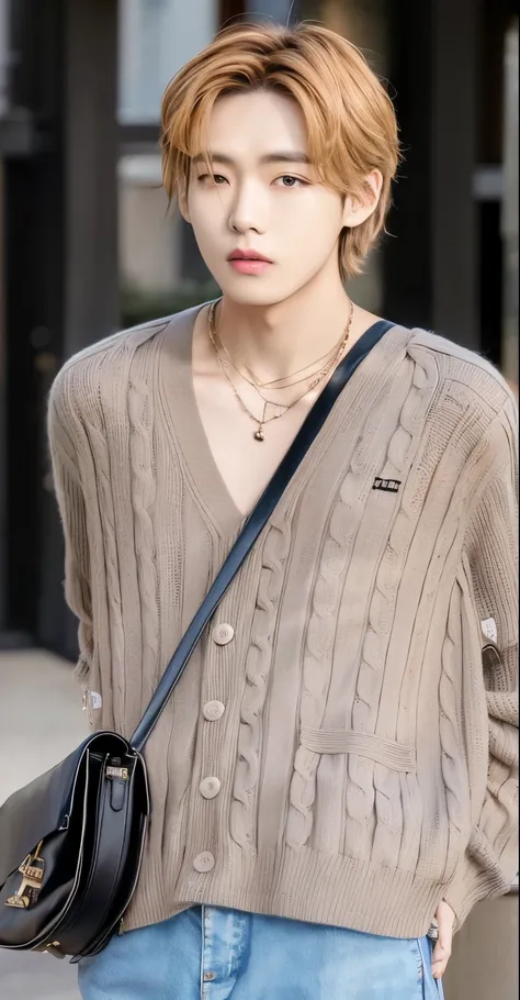 a closeup of a person wearing a sweater and a bag, Cai Xukun, Jung Jaehyun, inspirado por Zhang Han, Ulzzang masculino, he is wearing a brown sweater, JIA, cardigan, muy guapo, lv jewelry, delicate androgynous prince, Kim Doyoung, extremadamente guapo, 8 m...