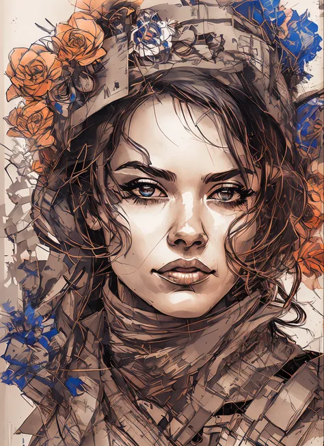 nvinkpunk Charlie Bowater realistic Lithography sketch portrait of a woman, flowers, [gears], pipes, dieselpunk, multi-colored ribbons, old paper texture, highly detailed