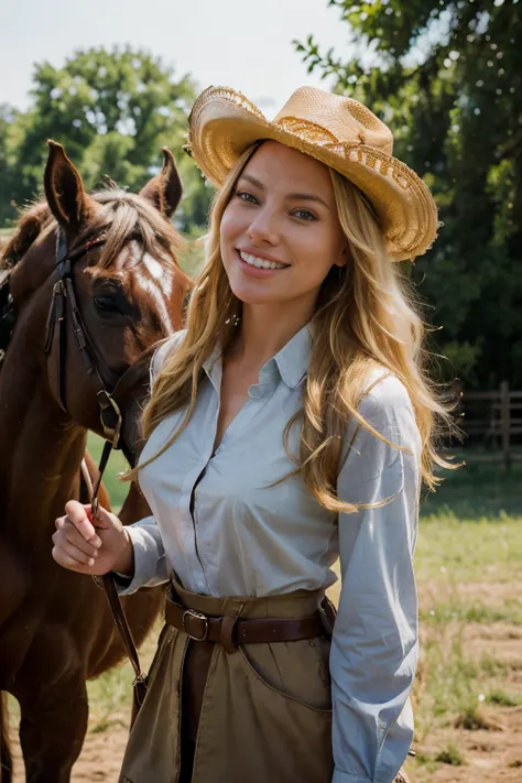 show me a 21 year old girl, blonde, dressed in authentic cowgirl clothes, beautiful with a horse, early morning, smiling, looking out, candid shot, looks like a mix of angelina jolie and scarlett johanssen, symmetrical face