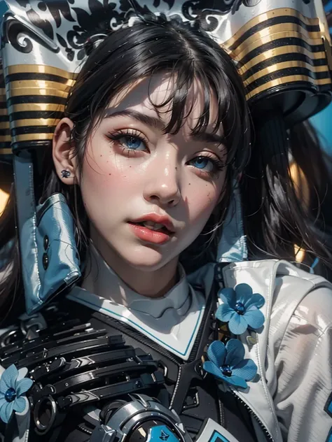 Highest image quality, Outstanding details, Ultra-high resolution, (Realism: 1.4), The best illustration, favor details, highly condensed 1girl, with a delicate and beautiful face, Dressed in black and blue mechs, wearing a mech helmet, holding a direction...