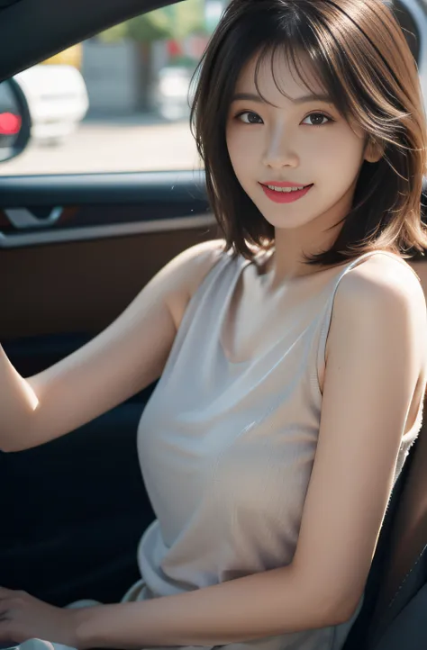 ((top-quality, masutepiece, Extremely realistic)), 1girl in, Facing the front, light brown hair, Short bob hair, A smile, in 8K, 85 mm, Raw photo, Bokeh background, Driving a car, speeding