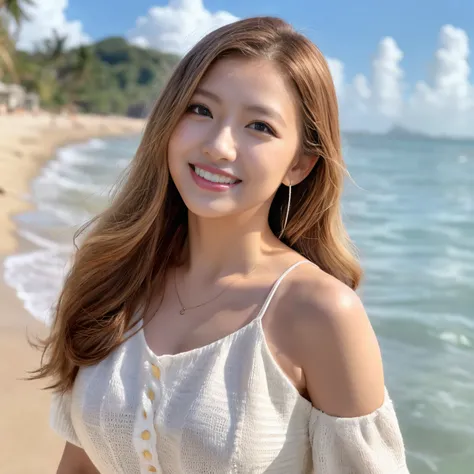 ((top-quality、masutepiece、8K、Top image quality、Hyper-Realism))、(1 photo:1.3)、(Beauty 1 person)、(Top photos from womens breasts:1.2)、View me、The happiest smile、highest detailed face、Sparkling Necklace、Off-shoulder white blouse with ruffles、(standing at a be...