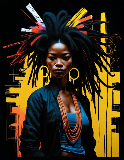 Black light art ，with black background，Tibetan women，Jean-Michel Basquiat (Jean-Michel Basquiat) styled, character concept design, A half body，