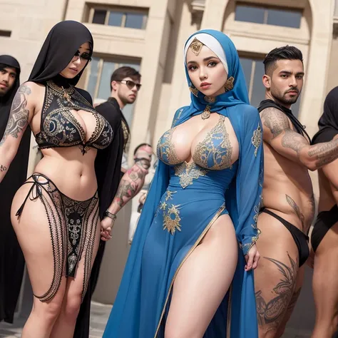 (masterpiece), best quality, Group people background,Mather big titts party people group see through dress with men Arabian details dress Dubai UAE Hijab, background people, tattoo, buddy tattoo designs ,street , blue eyes