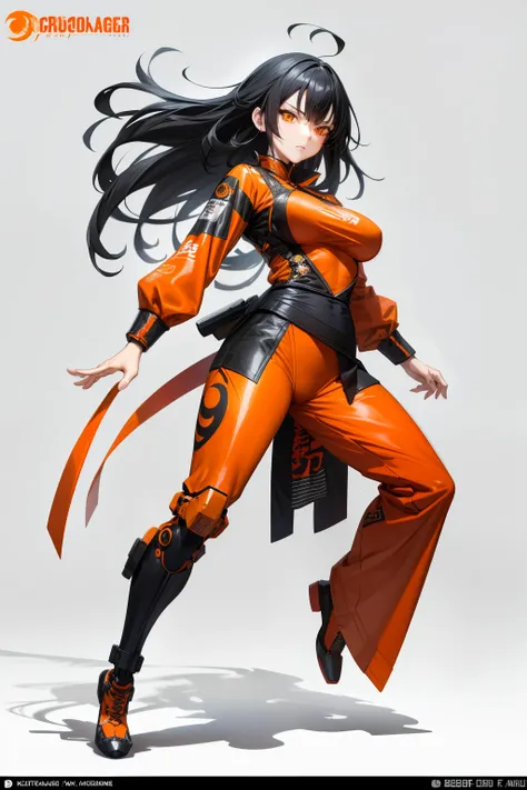 cute girl, Her hair is black, her eyes are black, and she wears orange combat gear, full body, sexy body, sexy, Kungfu clothes, old clothes, Combat movement, White background, adult girl