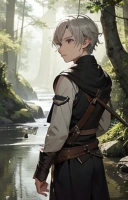 I Want To Make A Light Novel Cover. It Show A Boy In The River Bank In A Forest. He live in medieval fantasy world. He Is A Boy With Short White Hair. His Hair Is Dull And Messy. His Eyes Is Black. He Is 15 Years Old. His Face Is Quite Pale. He Has A Flat ...