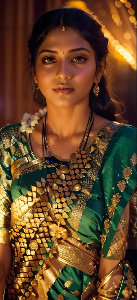 Young Indian woman, sexy blouse and saree, ancient palace, night, detailed body, detailed face, ultra realistic, charming, cute, long curly hair, perfect fingers, ambient lighting, winter, detailed background, 8k