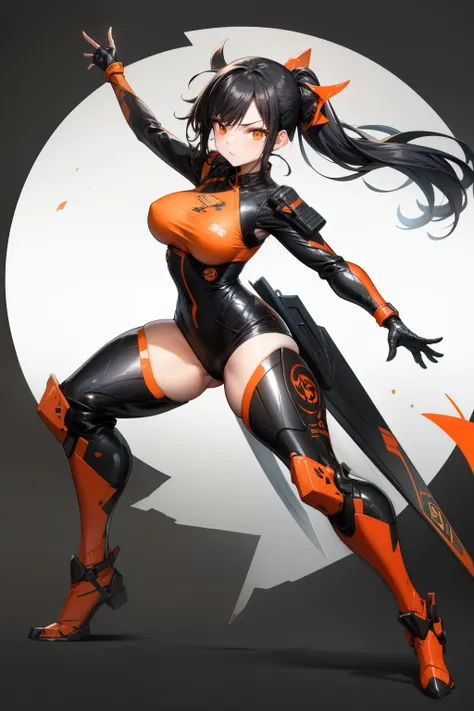 cute girl, Her hair is black, her eyes are black, and she wears orange combat gear, full body, sexy body, sexy, Kungfu clothes, old clothes, Combat movement, White background, adult girl