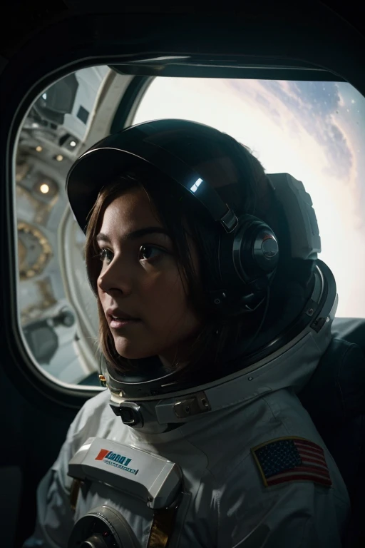 "Crie uma imagem de alta qualidade, with advanced levels of detail and cinematic style, retratando um astronauta em seu traje espacial diante do visor do capacete, clearly reflecting the immensity of space and your spaceship in the background. Destaque a c...