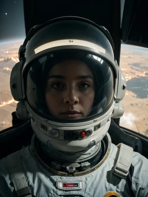 "Crie uma imagem de alta qualidade, with advanced levels of detail and cinematic style, retratando um astronauta em seu traje espacial diante do visor do capacete, clearly reflecting the immensity of space and your spaceship in the background. Destaque a c...