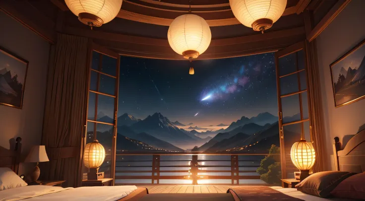 tmasterpiece，Best quality at best，（Very detailed CG unity 8K wallpaper），（Best quality at best），（The best illustrations），east asian architecture，paper lanterns、China-style、inside in room，Panoramic windows、（Huge Full Moon、In the middle of thepicture）、Far Mou...