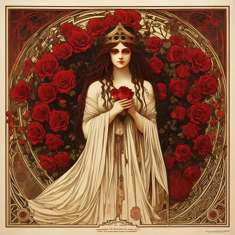 There&#39;s a severed head in her hands、art noveau、superior image quality、A red rose、by mucha、Salome