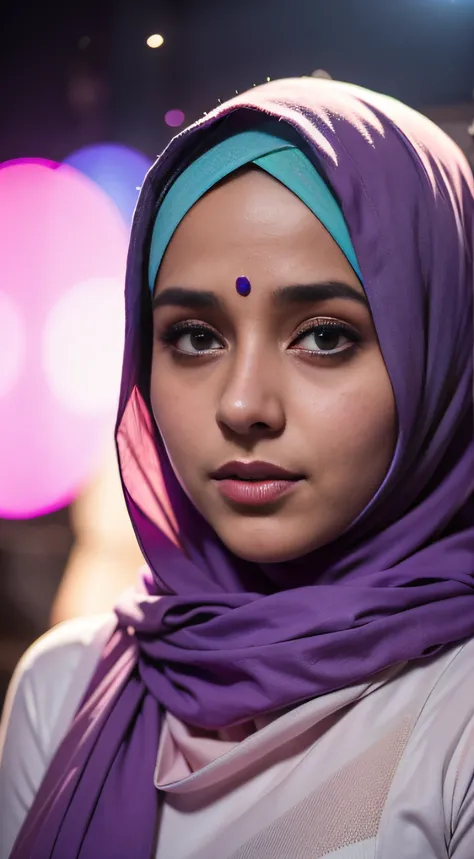 1 Pakistani girl , modern plain hijab with dopta, shy, medium portrait shot , watery eyes , pink glowing particles, wear decent pastel purple kamiez shlwar, pink light bokeh background, proportional body,no bindi