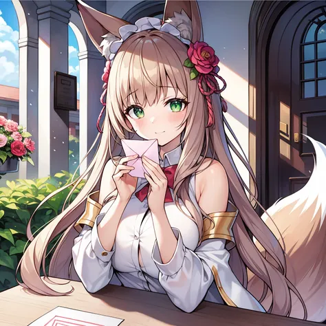 tmasterpiece，Highest high resolution，8k wallpaper，Highest drawing quality)，1 girl，Alone，(Huge fox tail)，Brown hair long，Green-eyed，Small flower headdress，(21-year-old college student_C cup)，modernn architecture, A MILF, pure clothes，，The girl handed me a l...