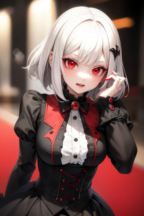 cute girl, Vampire girl, She has short white hair, bright red eyes, a tilted camera, and a blurry background