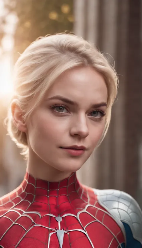 Spiderman no mask, blonde hair, smelling, Realism, Hyperrealism, cinematic lighting, sparkle, first-person view, Fujifilm, best quality