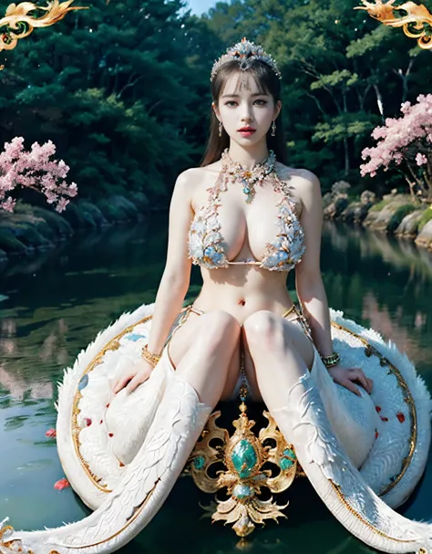 (heavy breasts)、top-quality、​masterpiece、超A high resolution、（Silver Dragon Armor）、(((Colossal tits))),dragon armor、(((large floral ornament on the head))),(((Detailed Micro Bikini))),(Wearing a beautiful crown made of jewels),(Photorealsitic:1.4)、Raw photo...