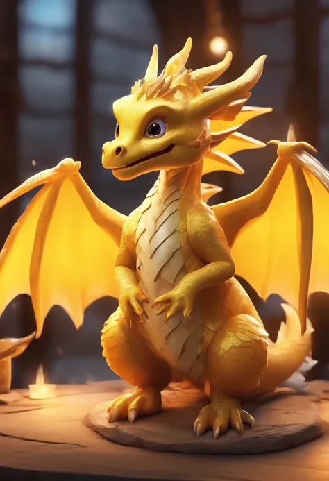 Cute yellow baby dragon IP sitting in a cornucopia，Smooth and delicate skin，eyes with brightness, Yellow wings， modeled, Delicate gloss,clean backdrop, Good gloss, 3Drenderingof,Best quality at best、Dark and fluorescent world view，Frontal lighting，ultra - ...