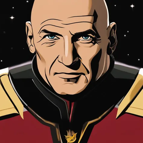 Picard is bald, with a poised, upright bearing, and a measured, commanding presence that complements his tactical brilliance. His visage is marked by sharp, discerning eyes and a stately air, often clad in the sleek, red and black Starfleet uniform that de...